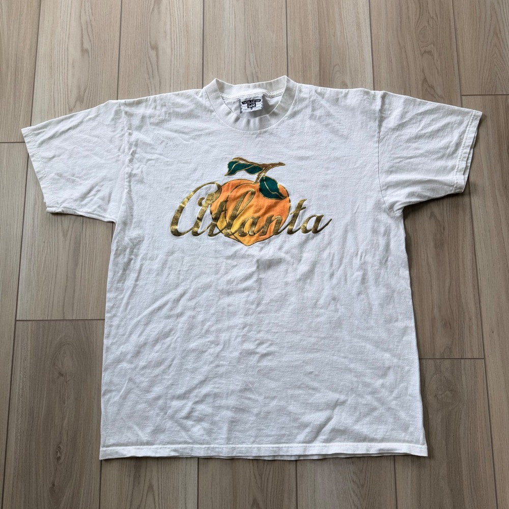 Vintage Lee Atlanta Peach T Shirt Mens XL White Gold Graphic Made In USA